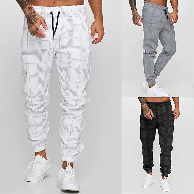  Men's Joggers Trousers Casual Pants Plaid Drawstring Trousers Elastic Waist Print Plaid Geometry Outdoor Sports Full Length Formal Sports Outdoor Streetwear Casual Black White Micro-elastic