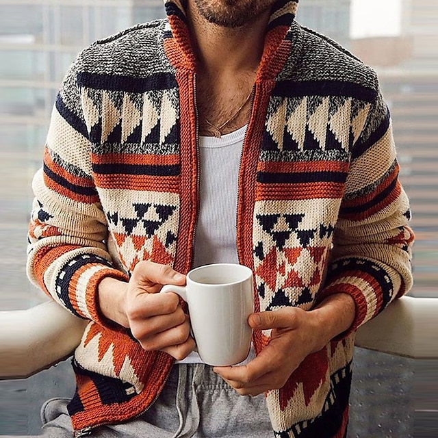  Men's Sweater Cardigan Zip Sweater Sweater Jacket Knit Button Knitted Geometric Shirt Collar Casual Clothing Apparel Winter Fall Red M L XL