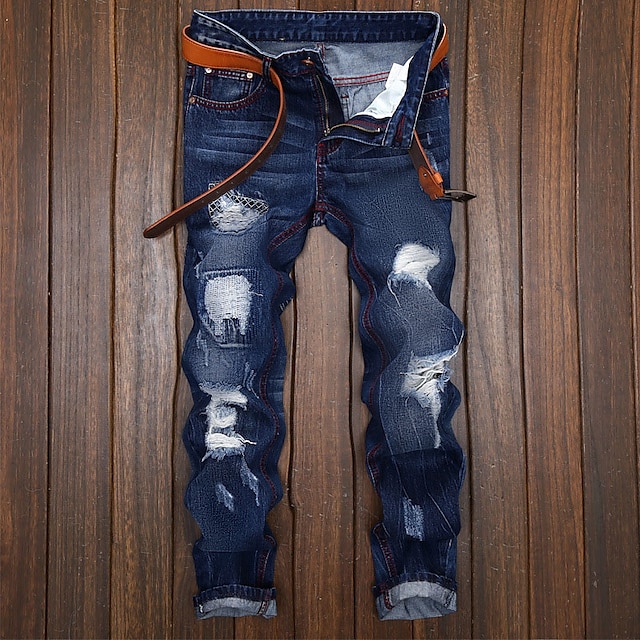  Herr Jeans Långbyxor Dark Wash Jeans Distressed Jeans Trasiga jeans Ficka Rev Lutning Fullängd Ledigt Dagligen Bomull Denim Vintage Streetwear Smal Djupblå Microelastisk