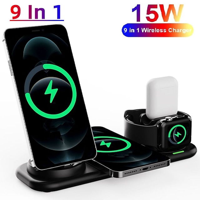  Wireless Charger Stand 9 in 1 QI Wireless Charging Station Dock for Iwatch iPhone Airpods Compatible with iPhone 14/13/12/12/14pro/13Pro/12 Pro Samsung S22/S21