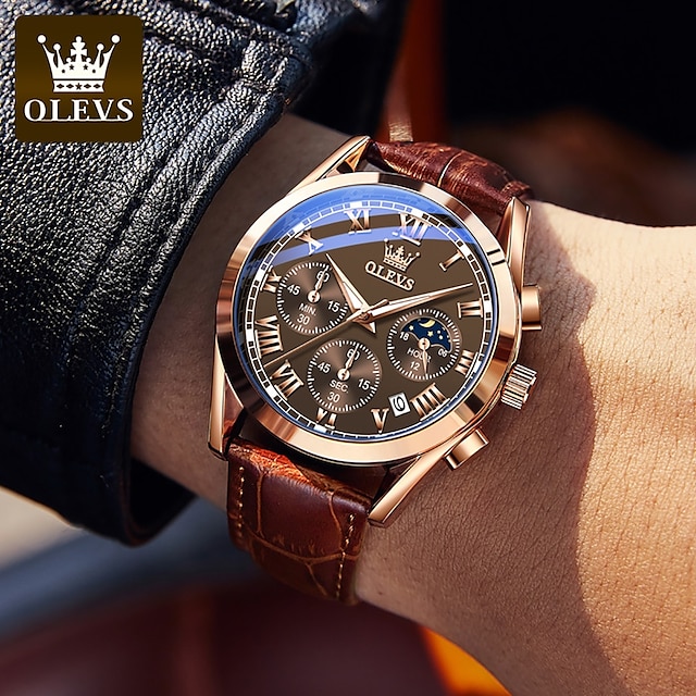  OLEVS Quartz Watch for Men Fashion Business Dress Waterproof Wristwatch Breathable Leather Quartz Watch Chronograph Sports Watch Men Gifts