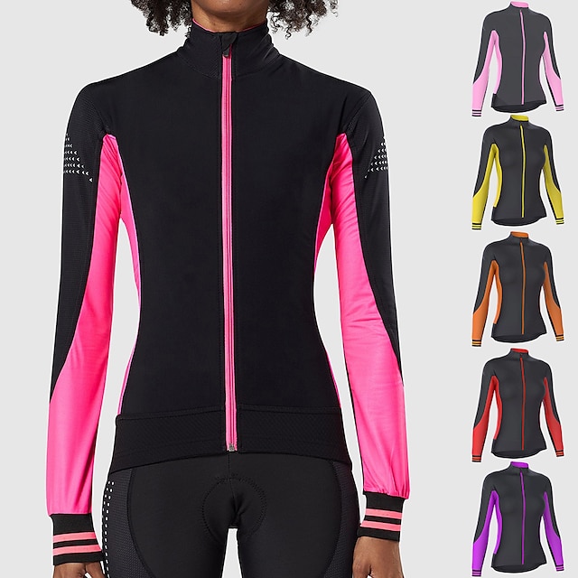  21Grams Women's Cycling Jersey Long Sleeve Bike Jersey Top with 3 Rear Pockets Mountain Bike MTB Road Bike Cycling Breathable Moisture Wicking Quick Dry Reflective Strips Yellow Pink Red Color Block