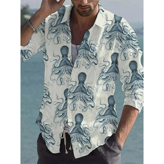  Herrenhemd, Tiergrafik, Oktopus, Turndown, blau, 3D-Druck, Outdoor, Straße, lange Ärmel, Button-Down-Druck, Kleidung, Mode, Designer, lässig, weich