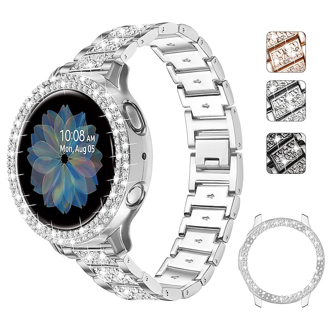  Klokkerem til Samsung Galaxy Watch 5 40/44mm Watch 4 Classic 42/46mm Watch 4 40/44mm Se Active 40mm Rustfritt stål Rhinstein Erstatning Stropp med Case Bling Diamond Smykker armbånd Armbånd