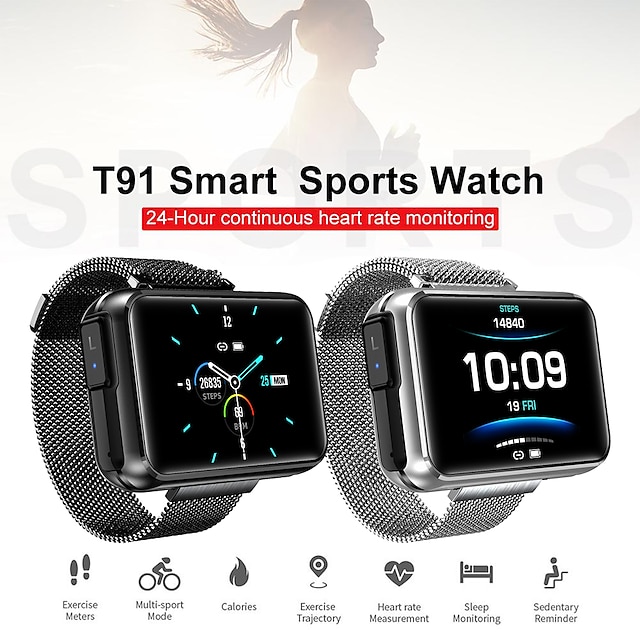  T91 Smart Watch 1.4 inch Smartwatch Fitness Running Watch Bluetooth Pedometer Sleep Tracker Heart Rate Monitor Compatible with Android iOS Men with Camera Step Tracker Watches with Earbuds IPX-6 33mm