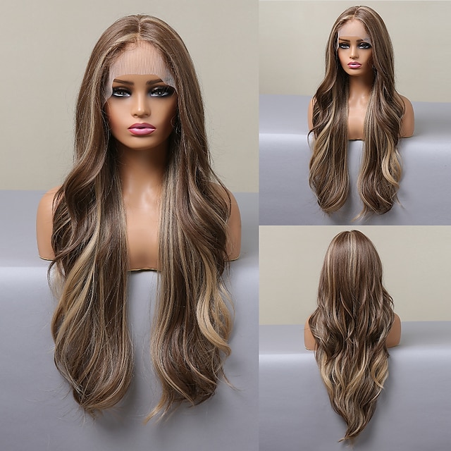  Synthetic Lace Wig Curly Style 26 inch Brown Middle Part 13x1 Lace Front Wig Women's Wig Brown