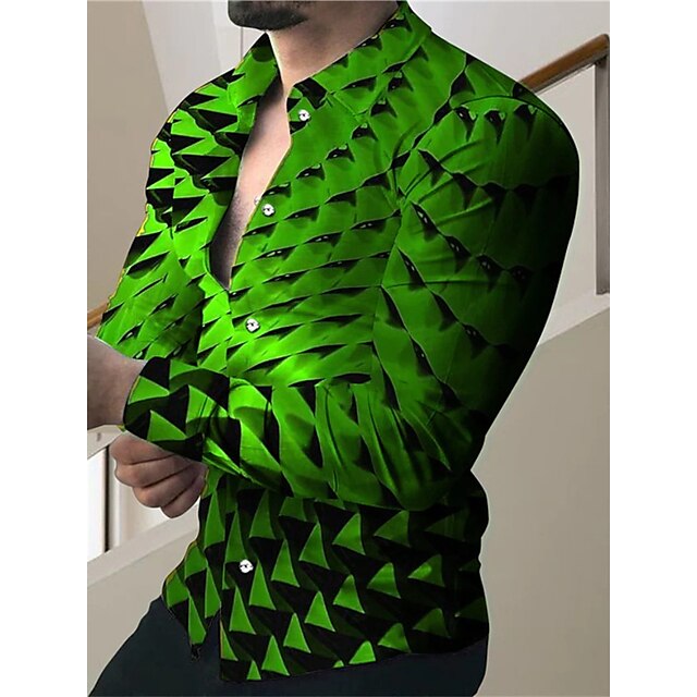  Homens Camisa Social 3D impressão Estampas Abstratas Aberto para a Lateral Verde Roxo Amarelo Impressão 3D Ao ar livre Rua Manga Longa Botão para baixo Imprimir Roupa Moda Designer Casual Macia