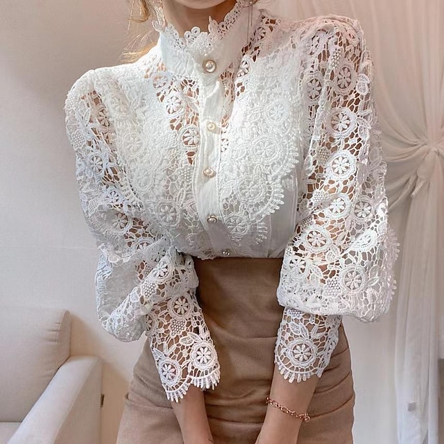  Women's Shirt Blouse White Lace Button Plain Casual Long Sleeve Standing Collar Basic Cotton Regular S
