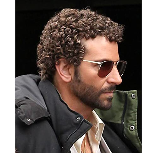  Mens Short Brown Afro Curly Wig for Male Guy Rocker Wig California Halloween Cosplay Costume Full Wigs