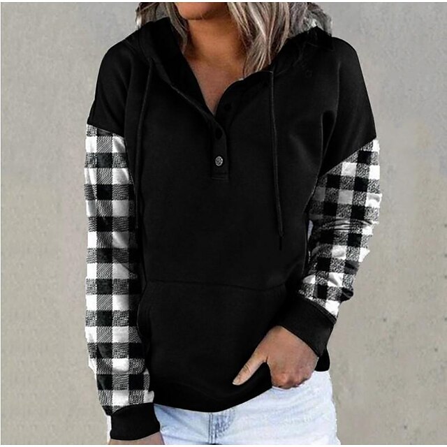  Women's Hoodie Sweatshirt Pullover Button Front Pocket Basic Black Red Green Plaid Casual Long Sleeve Hoodie
