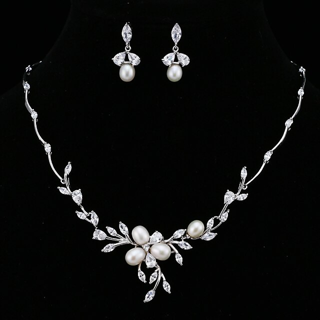  Bridal Jewelry Sets 1 set Pearl Copper 1 Necklace Earrings Women's Fashion Elegant Sweet Leaf Flower Jewelry Set For Wedding Party Birthday