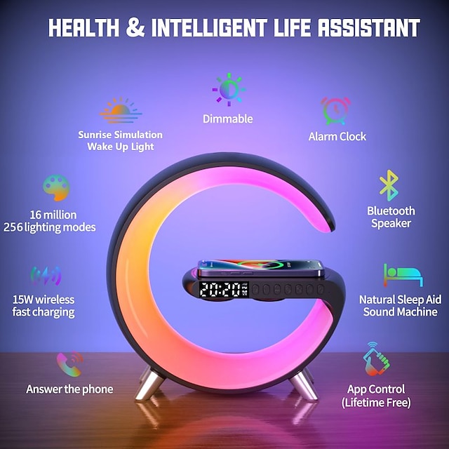  Multifunctional 15W Wireless Charger Built-in Bluetooth Speaker APP Control RGB Night Light Alarm Clock Fast Charging Station for Iphone 13 14 Samsung Xiaomi