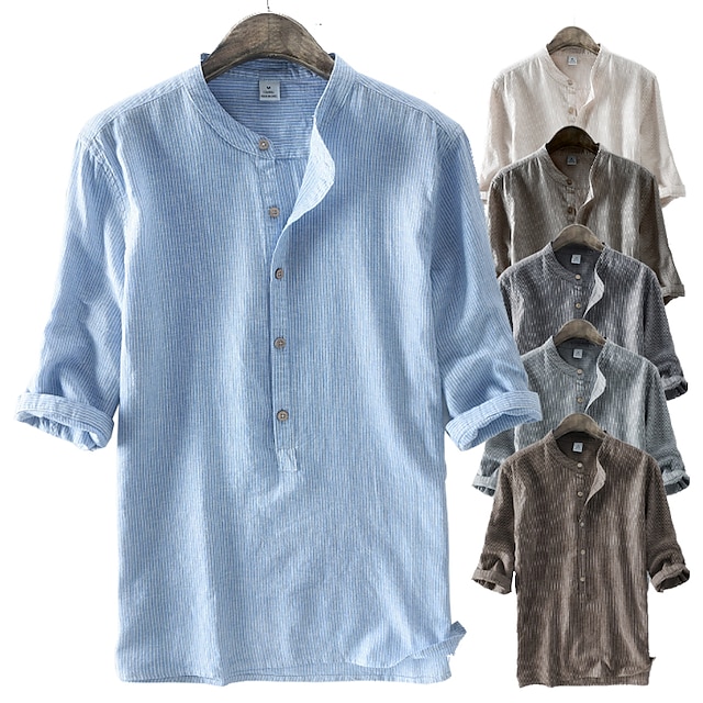  Men's Linen Shirt Henley 1950s Casual Long Sleeve Light Blue Light Grey Brown Apricot Gray Striped Henley Clothing Clothes Cotton Linen 1950s Casual