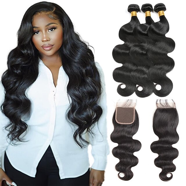  Body Wave Human Hair Bundles with Closure 100% Unprocessed Brazilian Virgin Human Hair 3 Bundles Body Wave with 4X4 Free Part Lace Closure Natural Black Hair Extension