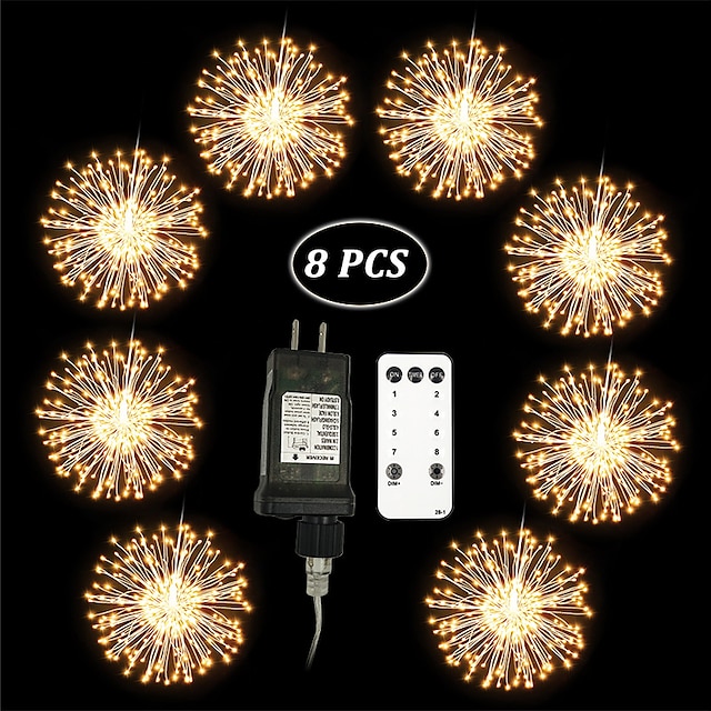  8pcs Firework Lights Christmas Decorations Starburst Total 800LEDs Copper Wire Fairy Twinkle Lights Plug in String Lights Remote Control 8 Modes Waterproof Starburst Lights for Christmas Birthday Bedroom Corridor Patio Wedding
