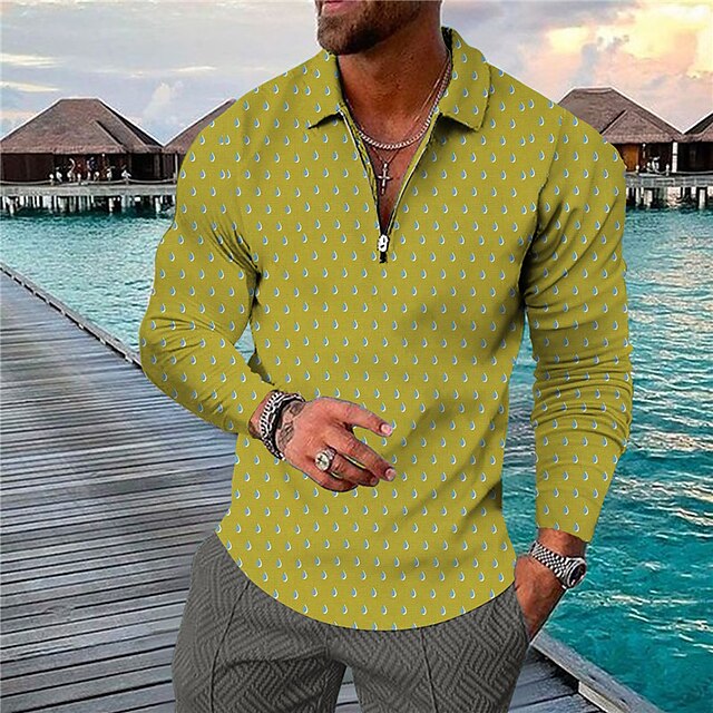  Men's Collar Polo Shirt Golf Shirt Graphic Prints Turndown Blue Yellow 3D Print Outdoor Street Long Sleeve Zipper Print Clothing Apparel Fashion Designer Casual Soft