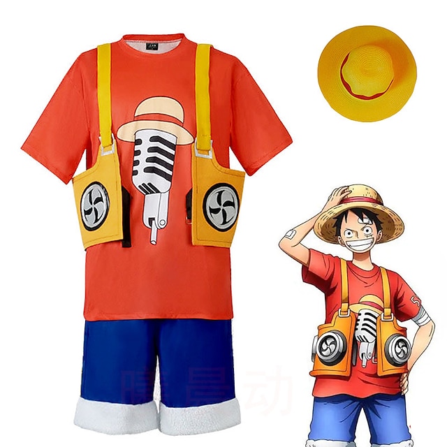  Inspirado por One Piece Filme: Vermelho Monkey D. Luffy Anime Trajes de cosplay Japanês Trajes de cosplay Colete Calções Camiseta Para Homens