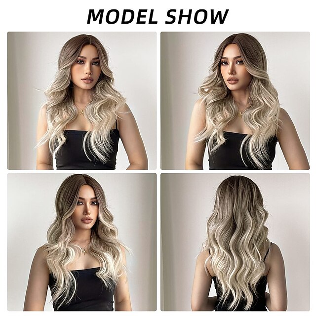 Long Wavy Ombre Brown To Blonde Wigs For Women Synthetic Hair Heat