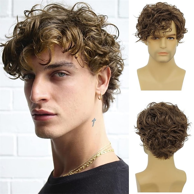 parrucche castane corte per uomo a strati parrucche sintetiche resistenti al calore con parte laterale dei capelli dall'aspetto naturale
