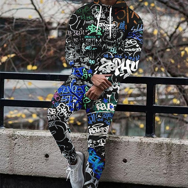Men's Plus Size Tracksuit Big and Tall Graphic Hooded Long Sleeve