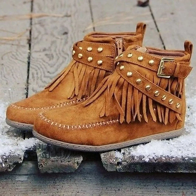 Women's Brown Faux Suede Fringe Ankle Boots - Boho Style with Studded Strap and Side Zipper for Casual Fall Fashion 7