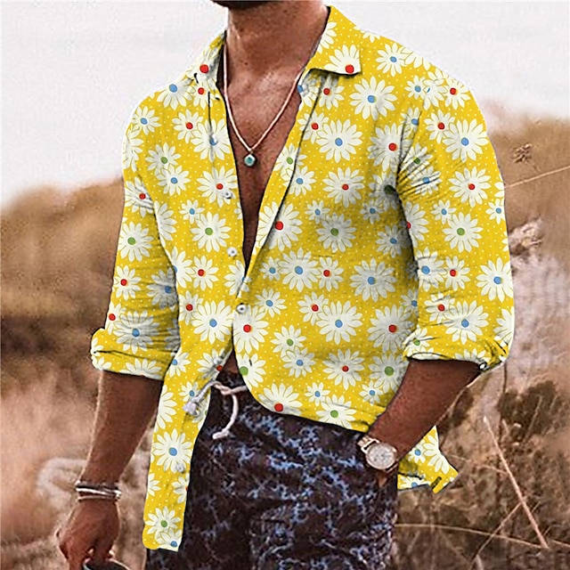  Men's Shirt Floral Graphic Prints Turndown Yellow Gray 3D Print Street Casual Long Sleeve Print Button-Down Clothing Apparel Fashion Designer Casual Soft