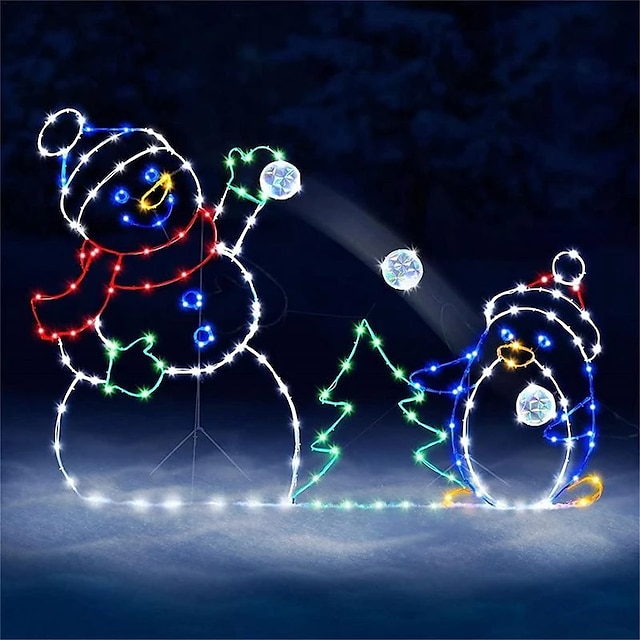  Christmas Outdoor Lights Decorations Snowman Light Snowman Iron Luminous Frame Fun Animation Snowball Fight Light String For Christmas Outdoor