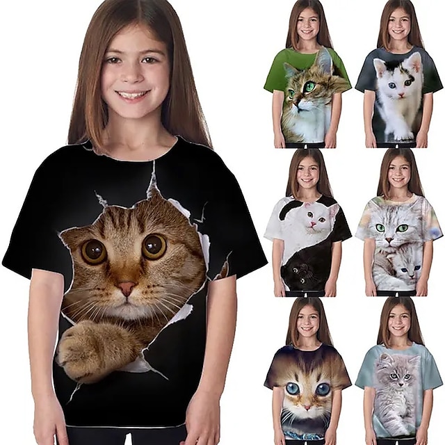  子供 女の子 Tシャツ 動物 カジュアル 半袖 クルーネック かわいいスタイル 7-13歳 夏 ブラック ホワイト ネイビーブルー