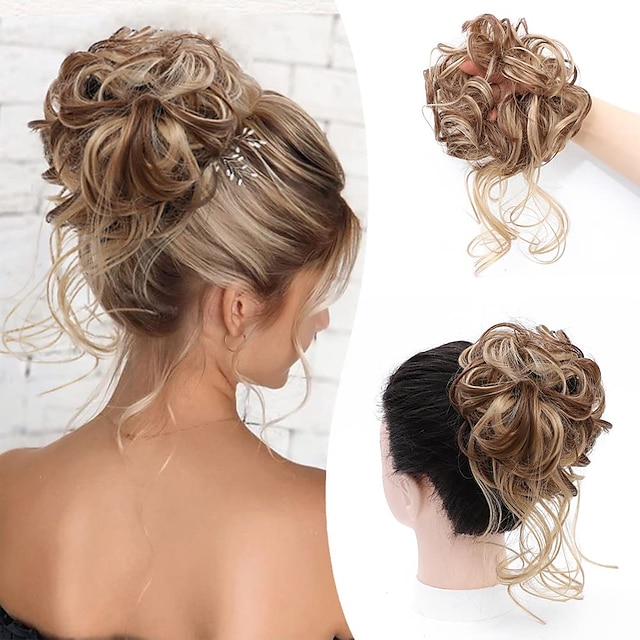  pjusket updo rodet knolde-hårstykke hårbolle-extensions med elastisk gummibånd hestehale-hårstykker til kvinder (brun blanding lys blond)