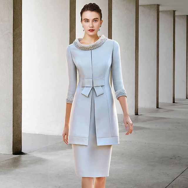 Two Piece Sheath Mother of the Bride Dress Wedding Guest Church Elegant Jewel Satin Cap Sleeve Jacket Dresses with Sash / Ribbon Bow(s) Beading Race Day Dress 7