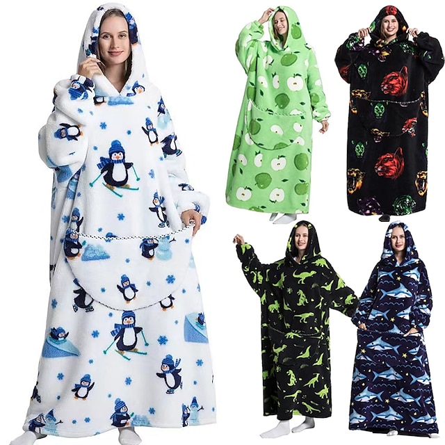  Vuxna Oversized hoodiefilt Bärbar filt med ficka Haj Pingvin Dinosaurie Figur Onesie-pyjamas Flanell Cosplay För Herr och Dam Karnival Pyjamas med djur Tecknad serie