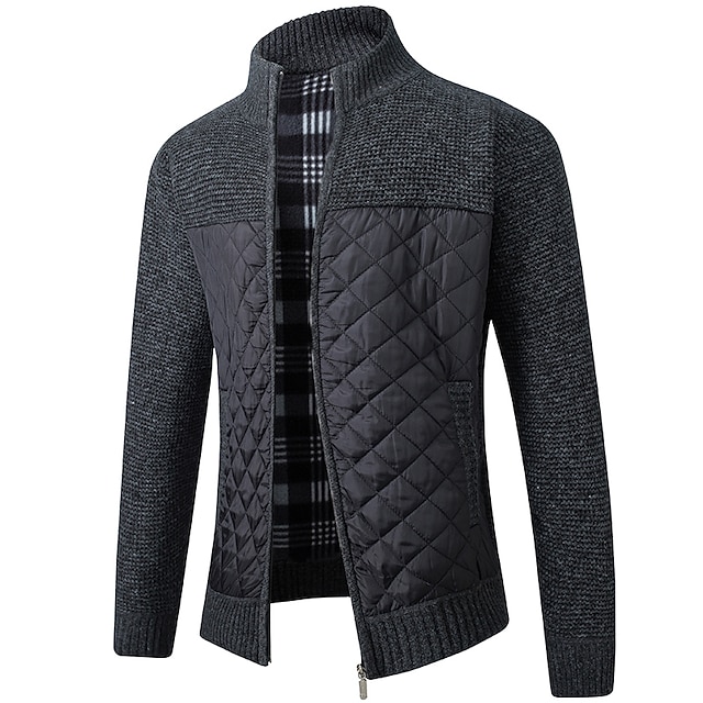  Men's Cardigan Sweater Zip Sweater Sweater Jacket Fleece Sweater Knit Zipper Color Block Stand Collar Stylish Modern Contemporary Casual Holiday Clothing Apparel Fall Winter Black Burgundy S M L