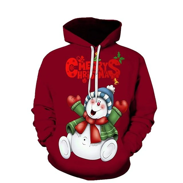 Christmas Men's Christmas Scene 3D Hoodies Pullover Green / Red Red White Hooded Snowman Graphic Prints Print  Daily Sports 3D Print Basic Streetwear4