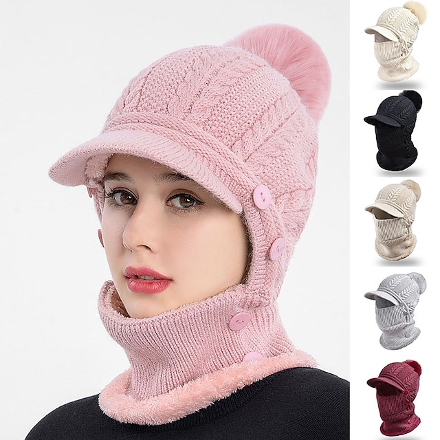  Border Hat Winter Women's One Piece Knitted Pullover Warm Cap Solid Color Ear And Face Protection Hat