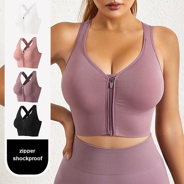  Women's Sports Bra High Support Full Zip Wireless Solid Color Dark Grey Black Yoga Fitness Gym Workout Bra Top Sport Activewear Breathable Quick Dry Comfortable Stretchy Slim