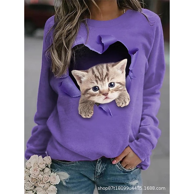  Women's Hoodie Sweatshirt Cute Sportswear Casual Red Blue Purple Cat Street Long Sleeve Round Neck