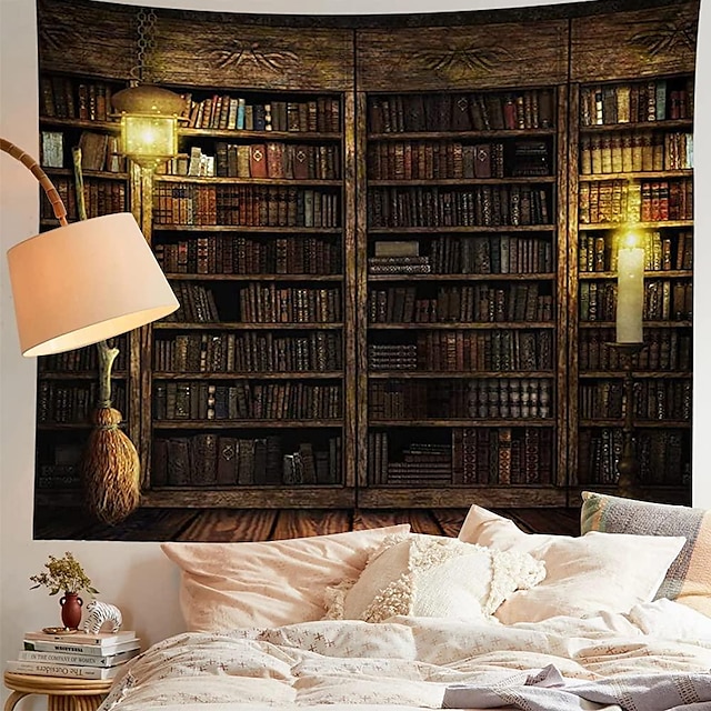 Vintage Bookshelf Landscape Wall Tapestry Hanging Study Room Picture ...