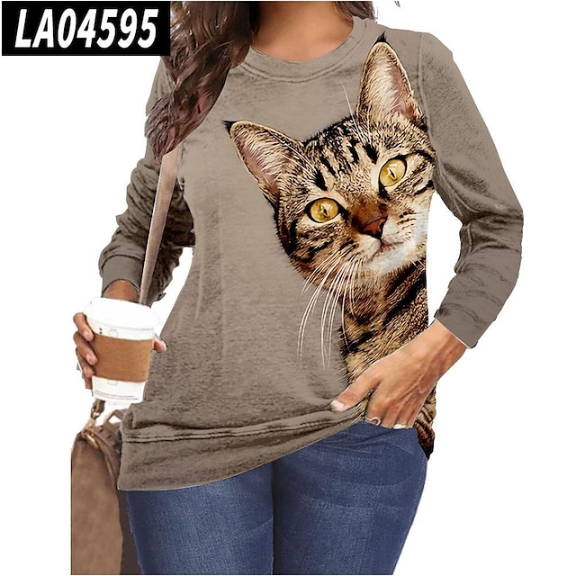  Women's Hoodie Sweatshirt Basic Cute Casual Khaki Coffee Cat Casual Long Sleeve Round Neck