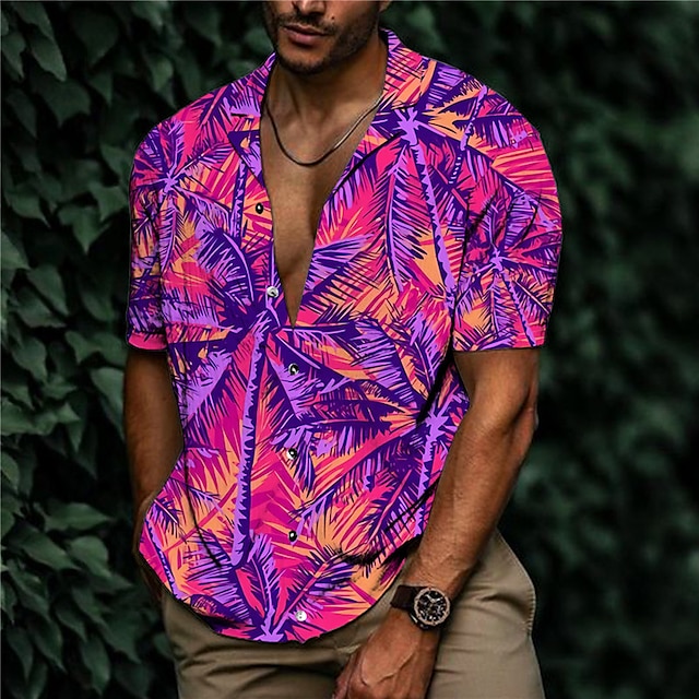  Herr Skjorta Hawaii skjorta Kokosnötsträd Grafiska tryck Nedvikt Rodnande Rosa Purpur Ledigt Hawaiisk Kortärmad Mönster Button-Down Kläder Tropisk Mode Hawaiisk Mjukt