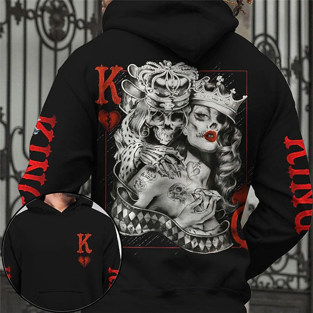Men's Skull Graphic Prints Poker Hoodie Hoodies Sweatshirt Streetwear Designer Long Sleeve Hooded Daily Sports Black Print Spring &  Fall Designer2
