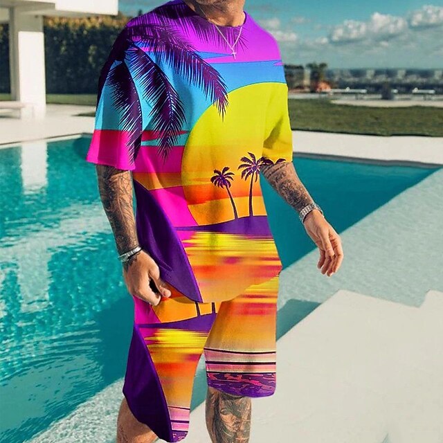 Men's Graphic Coconut Tree 2pcs Tees sets Matching Sets Short Sleeve Short Pants Crew Neck Designer Casual Comfortable Outdoor Vacation Daily 3D Print Spring & Summer Yellow Blue Purple3