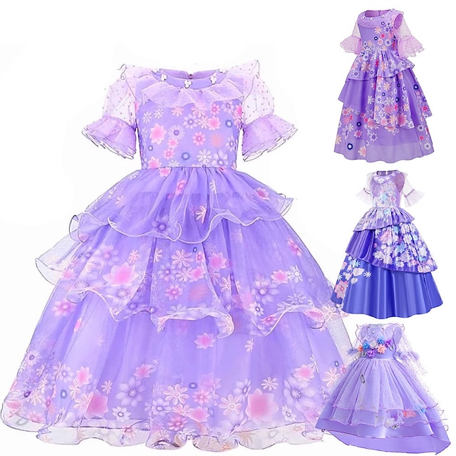  Encanto Fairytale Princess Isabela Madrigal Flower Girl Dress Theme Party Costume Tulle Dresses Girls' Movie Cosplay Rosy Pink Blue Fuchsia Dress Halloween Carnival Masquerade World Book Day Costumes
