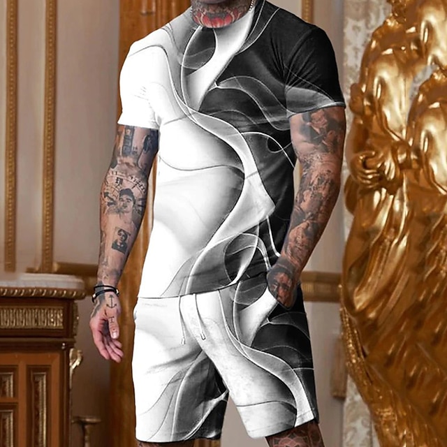  camisa gráfica masculina preta e branca 3d casual | Conjunto de shorts de algodão de verão, roupas abstratas com gola redonda, roupas estampadas plus size ao ar livre