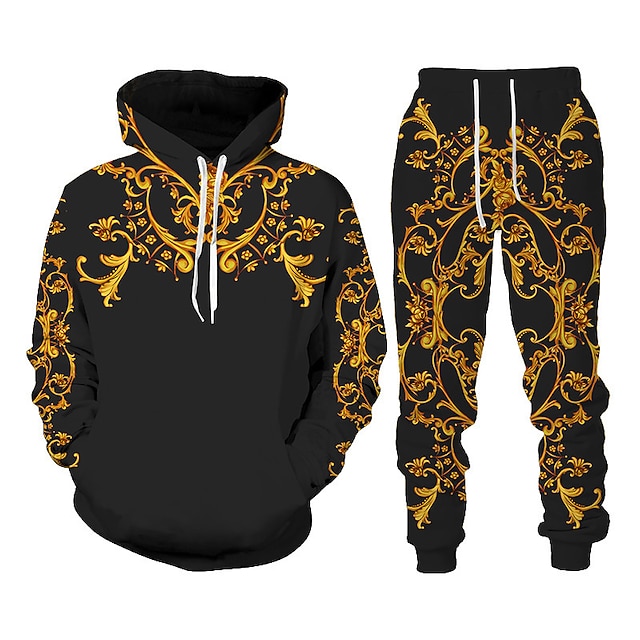 Men's Tracksuit Sweatsuit Black Hooded Graphic Bohemian Style Casual Daily Holiday