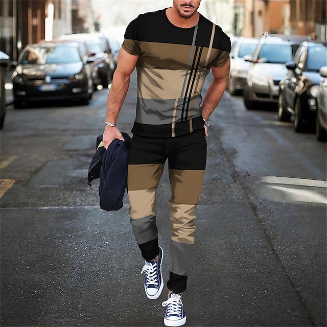  男性用 Tシャツスーツ グラフィック カラーブロック クルーネック 衣類 3Dプリント アウトドア カジュアル 半袖 3Dプリント 2個 2個 デザイナー ライトウェイト 快適