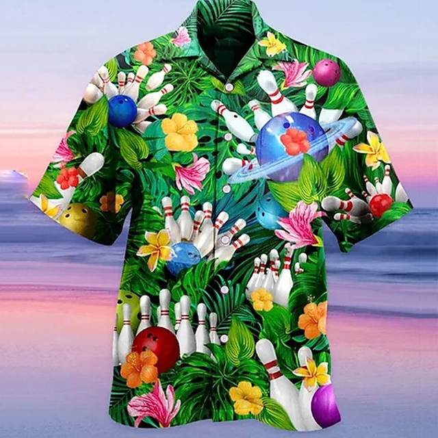  Муж. Рубашка Гавайская рубашка Цветочный принт Графические принты Шар для боулинга Отложной Зеленый Повседневные Гавайский Короткие рукава С принтом Кнопка вниз Одежда