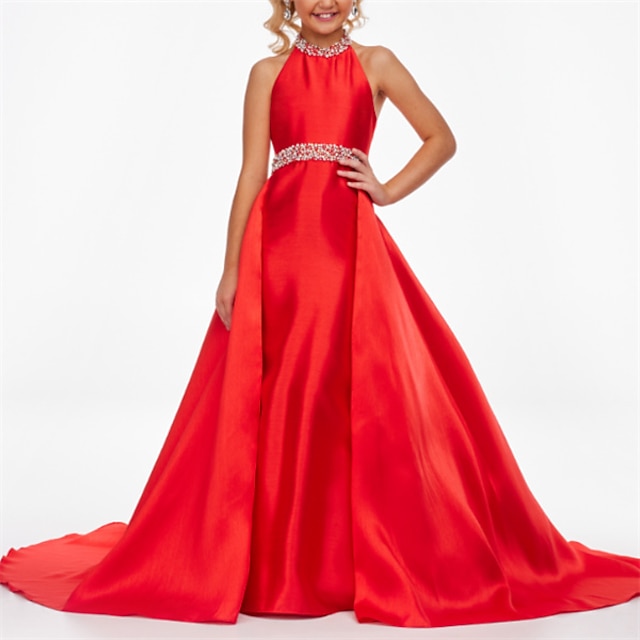  Rochie tip sheath cu trenă sweep  brush rochie de Crăciun rochie pentru fetițe de flori rochie de concurs și performanță pentru juniori rochie drăguță de bal din satin cu mărgele spate deschis fit