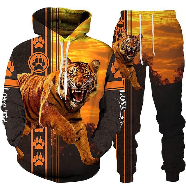  Animal Tiger Pants Outfits Hoodie Anime 3D Front Pocket Graphic For Couple's Men's Women's Adults' 3D Print