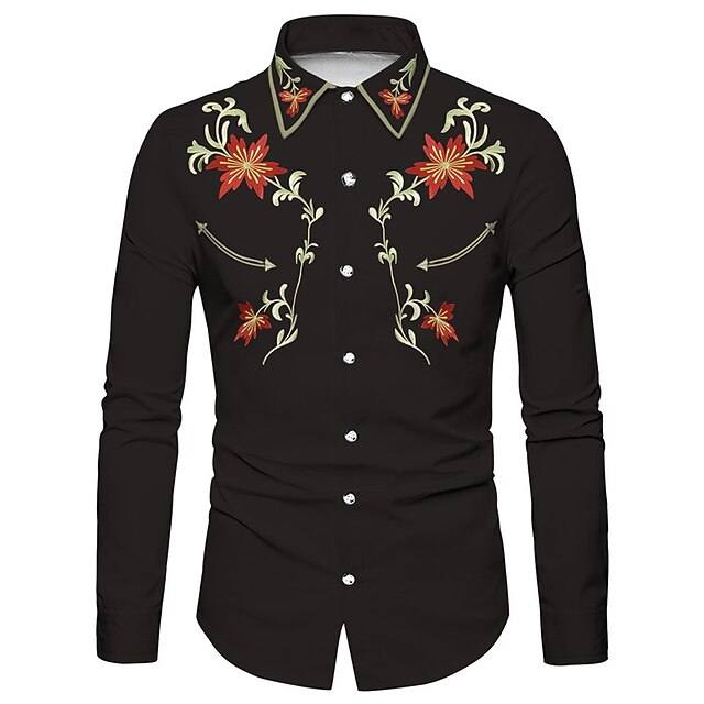 Men's Floral Graphic Prints Shirt Western Shirt Cowboy Shirt Long Sleeve Fashion Designer Casual Outdoor Daily Holiday Fall & Winter Turndown Print Button-Down Black Navy Blue3