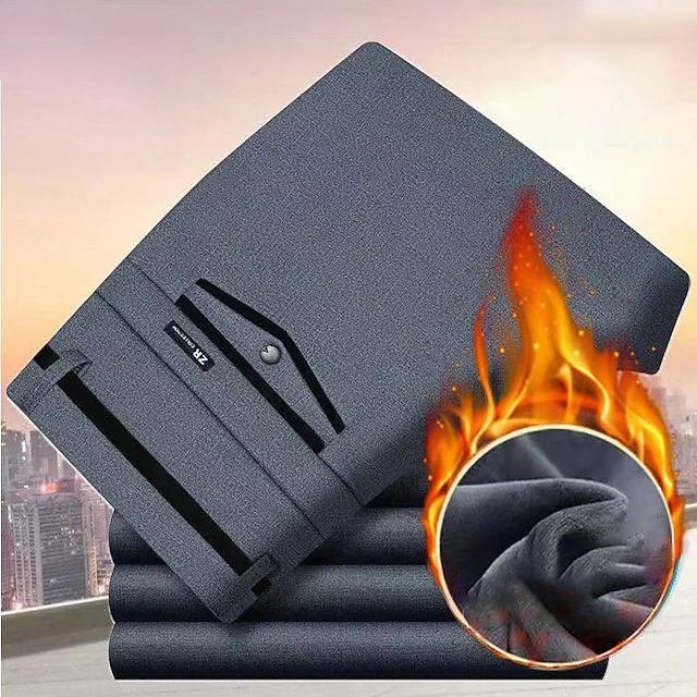 Men's Dress Pants Fleece Pants Winter Pants Trousers Pocket Straight Leg Plain Wedding Office Work Chic & Modern Formal Black Navy Blue High Waist Micro-elastic 11